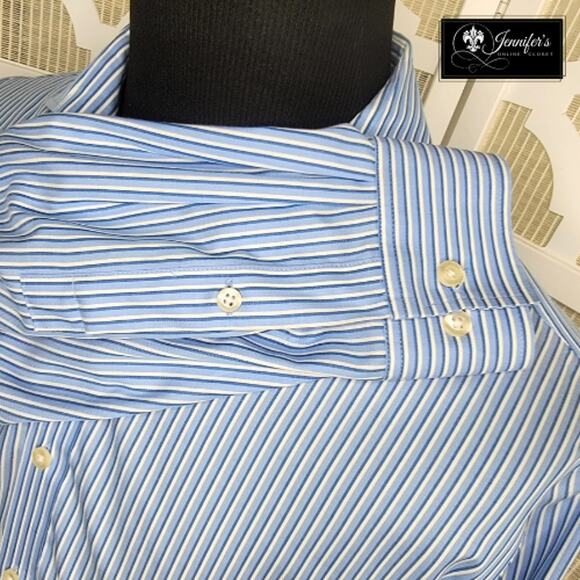 MICHAEL Michael Kors Men's Blue White Stripe Non-Iron Long Sleeve Shirt - Picture 4 of 8